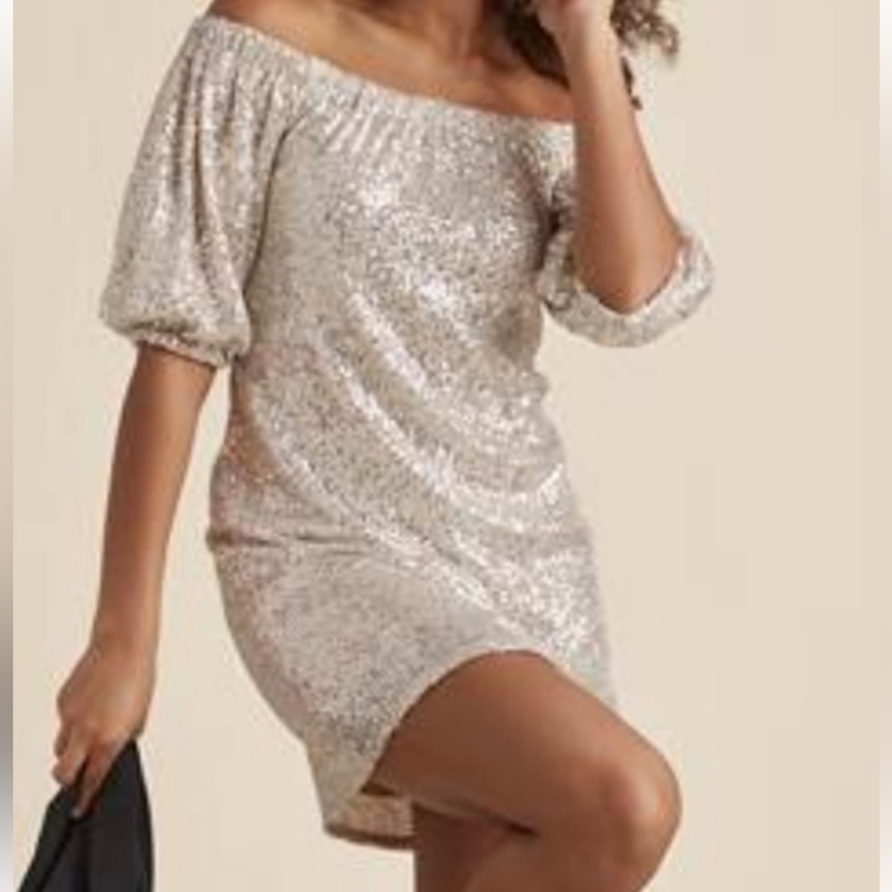 Venus Sequin off shoulder dress nude/silver sequins L